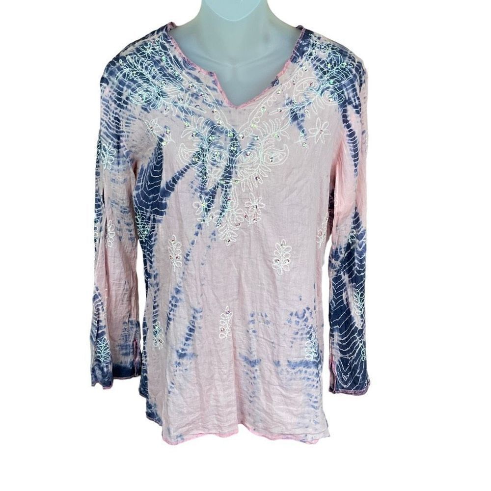 Studio C Blouse Boho V Neck Pink Blue Tie Dye Sequins Floral Embroidery Small
